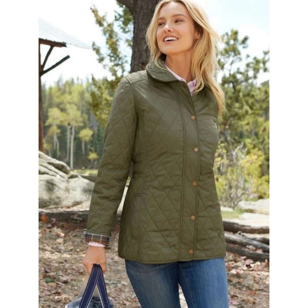 LL Bean Quilted Riding Jacket Women Large Olive Green Plaid Lined Snap Barn Coat